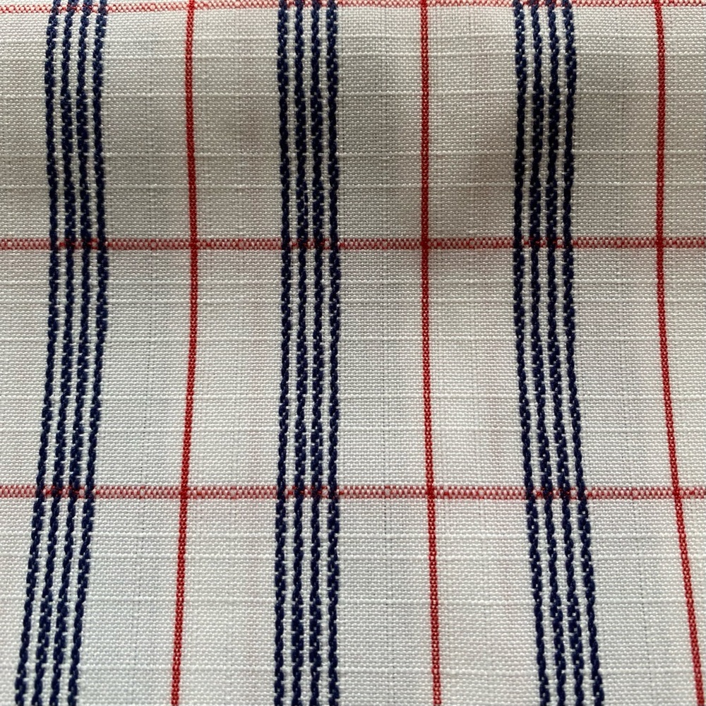 Vintage 1960s White Red Navy Plaid Cloth Tablecloth 66”x68”